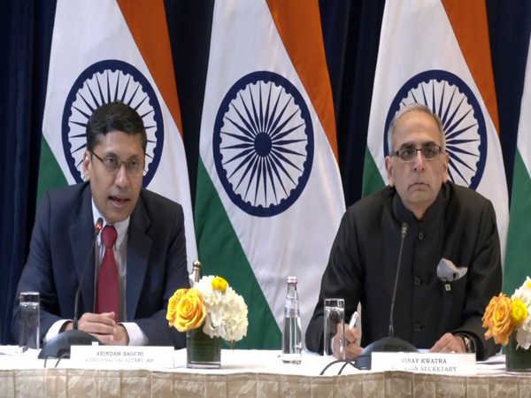 Foreign Secretary Vinay Mohan Kwatra and MEA spokesperson Arindam Bagchi (left)during a special media briefing on PM Modi's US visit. (Photo/ANI)