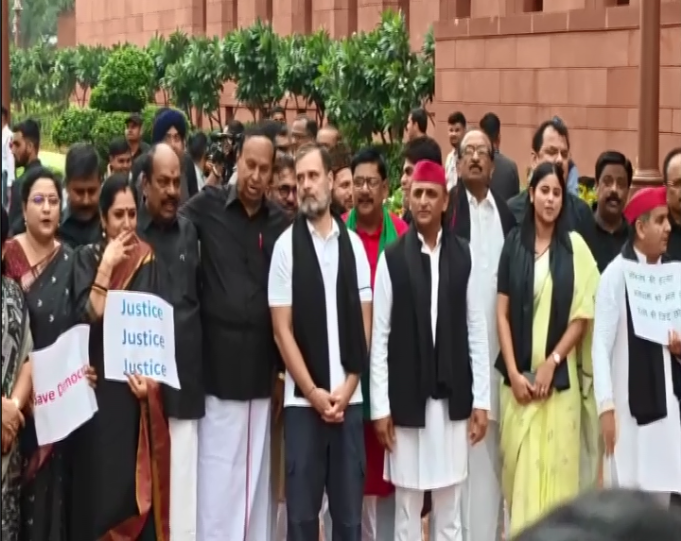 INDIA bloc MPs protest against Bihar SIR at Parliament premises (Photo/ANI)