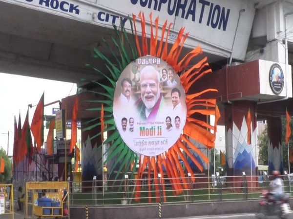 Posters, hoardings and flags of BJP put in Tiruchirappalli ahead of PM Modi's visit (Photo/ANI)