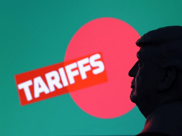 Trump's silhouette appears against a "TARIFFS" backdrop over Bangladesh flag colors, symbolizing the newly announced 20% rate (Photo/Reuters)