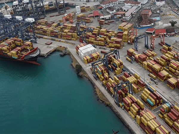 An aerial view shows Cristobal Port, operated by Panama Ports Company under the CK Hutchison group, in February (Photo/Reuters)