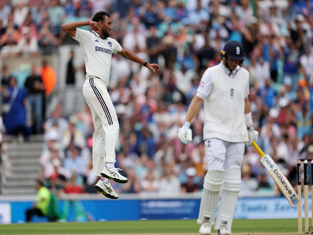 Prasidh Krishna celebrating Root's wicket. (Photo: @BCCI X)