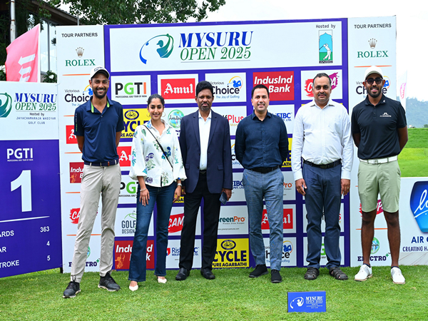 Golfer Angad Cheema (Left most) and PGTI Order of Merit leader Yuvraj Sandhu (Right most) with PGTI officials at inauguration of Mysuru Open 2025 (Image: PGTI)