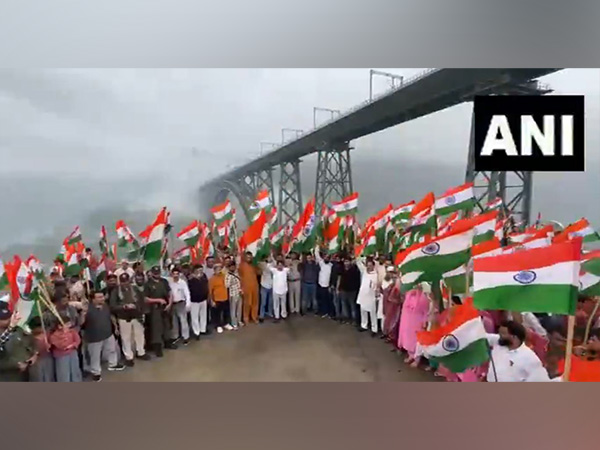 Local residents held a Tiranga rally near Chenab Bridge in Reasi (Photo/ANI)