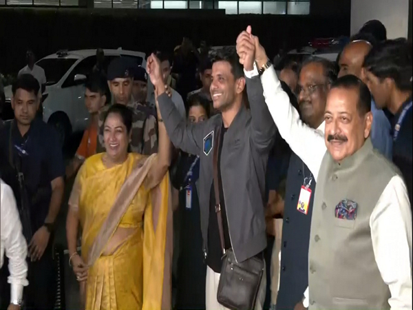 India's astronaut Group Captain Shubhanshu Shukla being welcomed at Delhi airport by Union Minister Jitendra Singh and Delhi CM Rekhan Gupta after his return. (Photo/ANI)