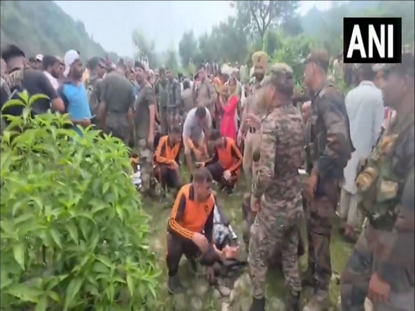 Indian army with J&K police conducts rescue operations in flash flood-hit villages of Kathua. (PhotoANI)
