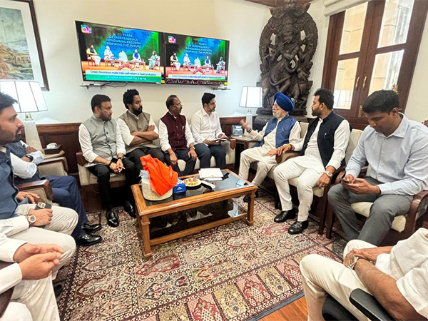 Nara Lokesh including union minister Ram Mohan and other TDP MP's meeting with union minister Hardeep Singh puri in the Parliament  (Photo/ANI)