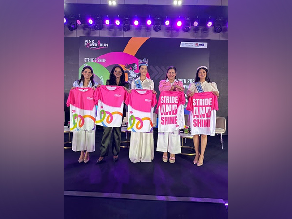 Mrs. Sudha Reddy with Miss World 2025 Opal Suchata Chuangsri, Miss Asia 2025 Krishnah Gravidez and dignitaries unveiling the Pink Power Run 2.0 jerseys in Hyderabad