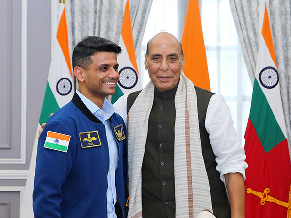 Defence Minister Rajnath Singh with Group Captain Shubhanshu Shukla. (Photo/X)