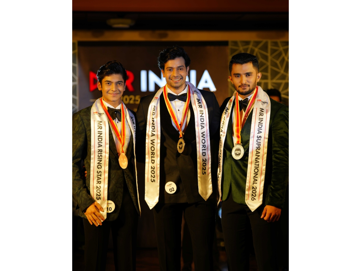 Group Picture: (Left to Right: Mr. India Rising Star 2025 Shiv Chordia) (Center: Mr. India World 2025 Shevam Singh) (Right: Mr. India Supranational 2026 Abel Biju)