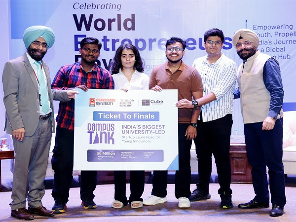 Chandigarh University Vice Chancellor with three winning teams of 'Zero to One - 24-Hour Startup Challenge 2025' organized by Chandigarh University at Gharuan campus