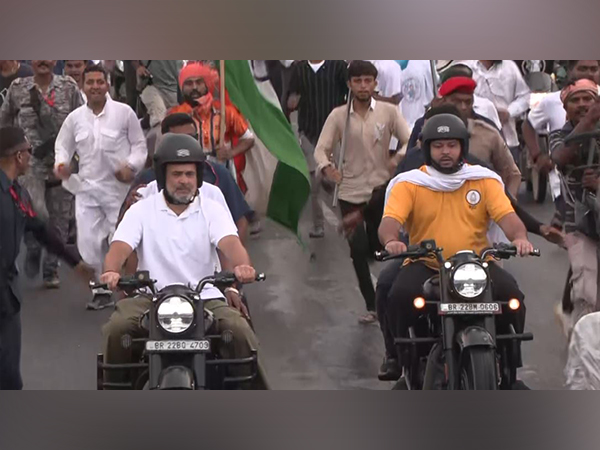Rahul Gandhi, Tejashwi Yadav ride motorcycles in Purnea. (Photo/ANI)