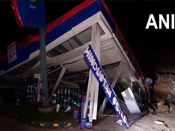 J-K: Massive landslide triggered by rainfall crushes petrol pump under its debris on Udhampur highway. (PhotoANI)