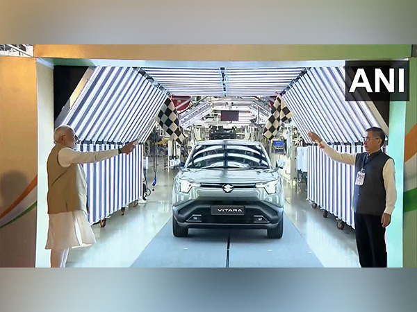 Prime Minister Narendra Modi flags off e-Vitara in Ahmedabad (Photo: ANI)