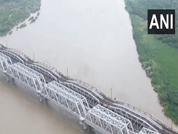 Drone image of Yamuna flowing above danger mark at Loha Pul (Photo/ANI)