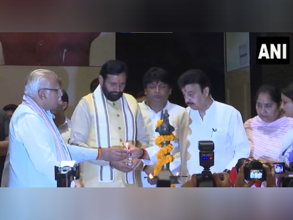 Haryana CM Saini along with Union Minister Manohar Lal Khattar performs bhoomi pujan of Gurugram Metro Rail. (Photo/ANI)