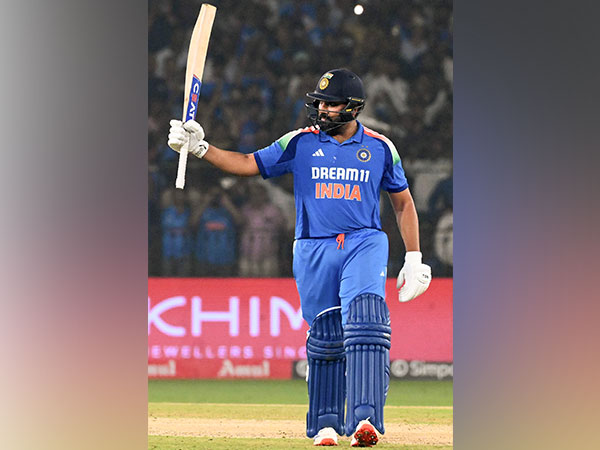 Rohit Sharma celebrates his century. (Photo/ANI)