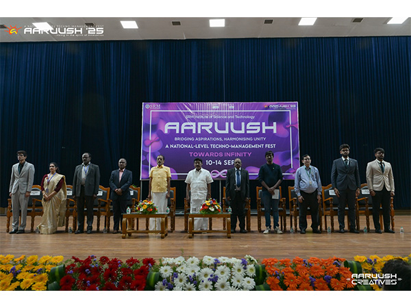 Dignitaries, speakers, at the 19th edition of Aaruush 2025, SRMIST's national techno-management fest, held at Kattankulathur