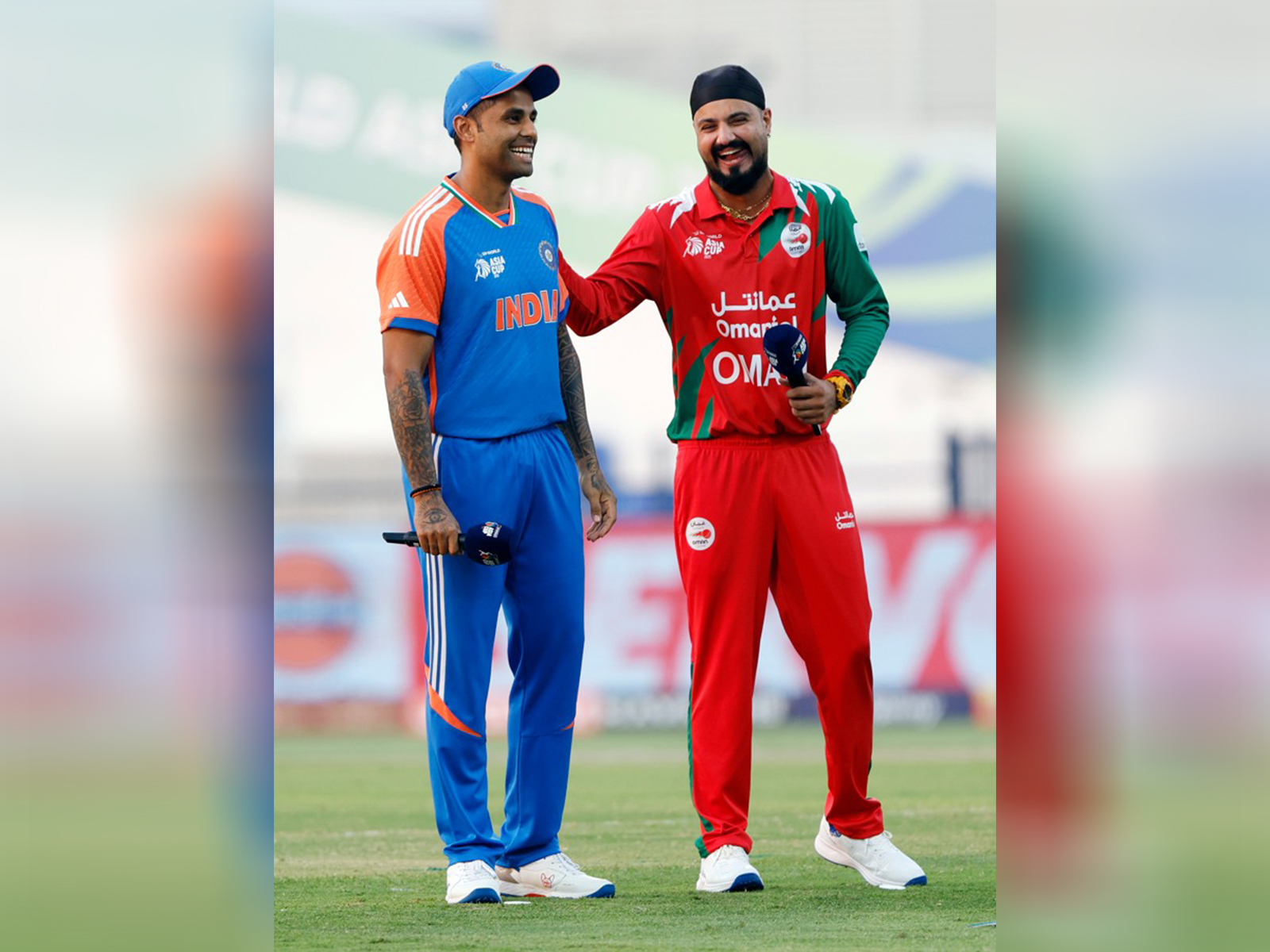 India T20I skipper Suryakumar Yadav and Oman captain Jatinder Singh (Photo/ANI)
