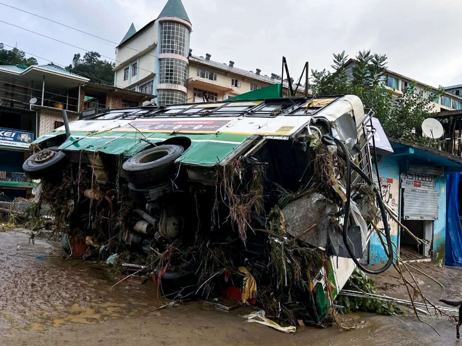 Visual of Dharampur bus stand flooded in Mandi (Photo/ANI)