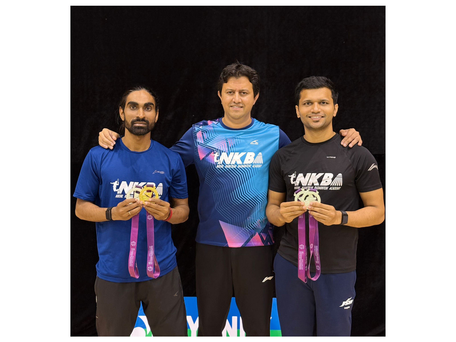 India's para-shuttlers Pramod Bhagat (First from left), Sukant Kadam (First from right) after winning medals in China Para Badminton International 2025 (Image: PCI media)