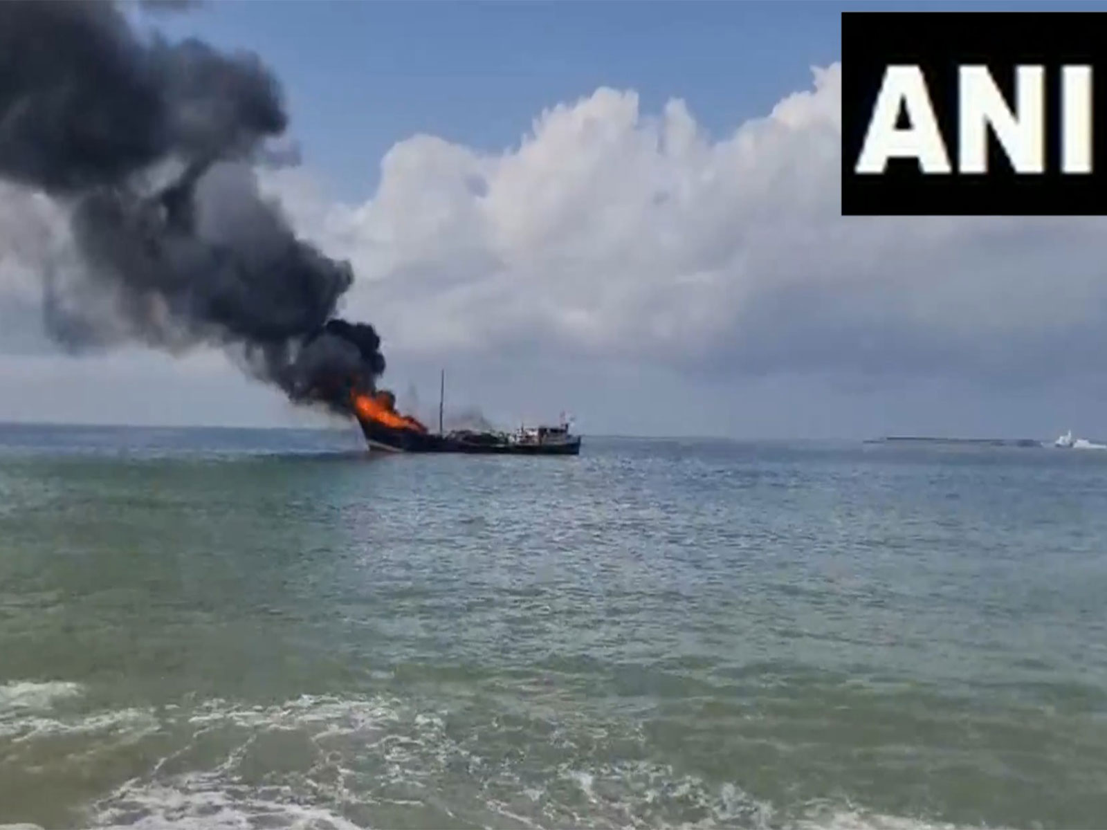 Gujarat: Ship anchored at Porbandar Subhashnagar Jetty catches fire (Photo/ANI)