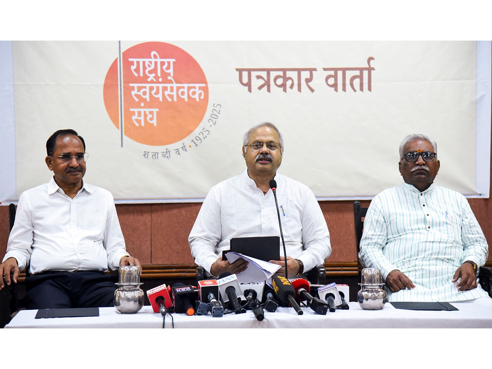 RSS Prachar Pramukh Sunil Ambekar and others during a press conference (Photo/ANI) 