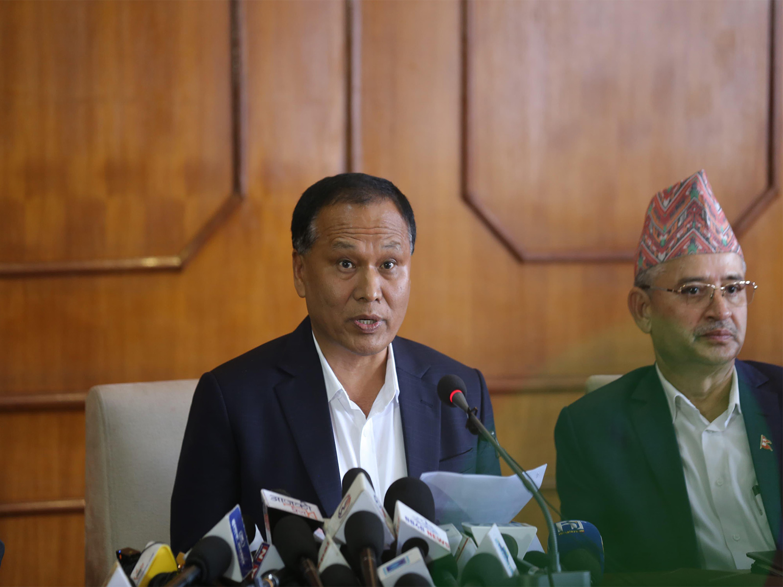 Nepal's Minister for Physical Infrastructure and Transport Kulman Ghising addressing a press conference in Kathmandu on Thursday, announcing a reconstruction fund after the Gen-Z protests (Photo/ANI)