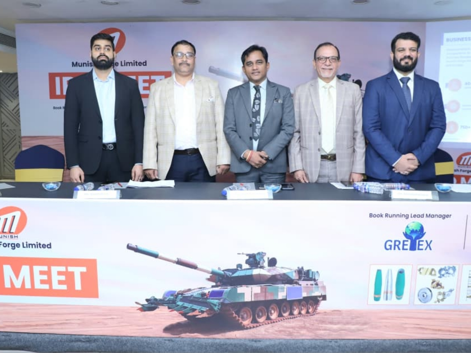Left to Right: Mr Khimil Soni (NNM Securities), Mr Manoj Pandey (CFO Munish), Mr Sumeet Harlalka (Gretex), Mr Davinder Bhasin (MD Munish), Mr Dev Arjun Bhasin (CEO Munish)
