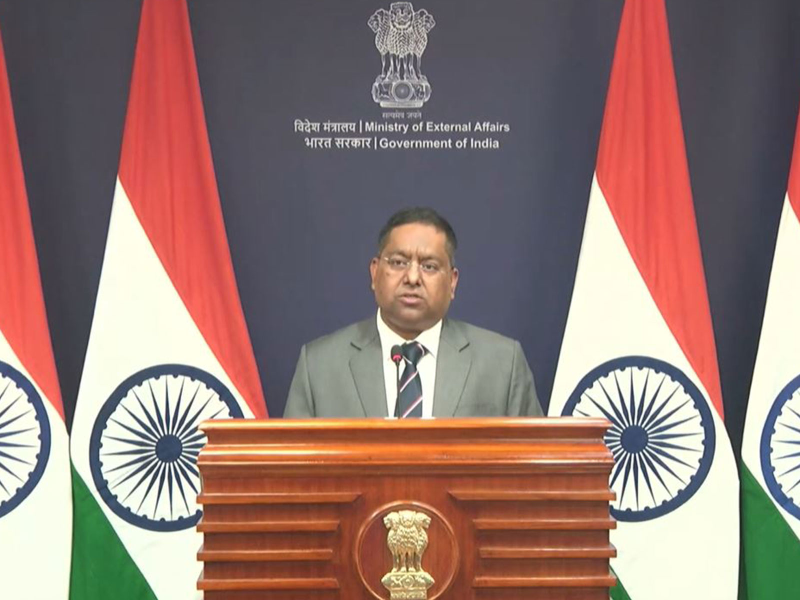MEA Spokesperson Randhir Jaiswal addresses the weekly press briefing in New Delhi, where India rejected NATO Secretary-General Mark Rutte's remarks as "factually incorrect and entirely baseless." (Photo/MEA YouTube)