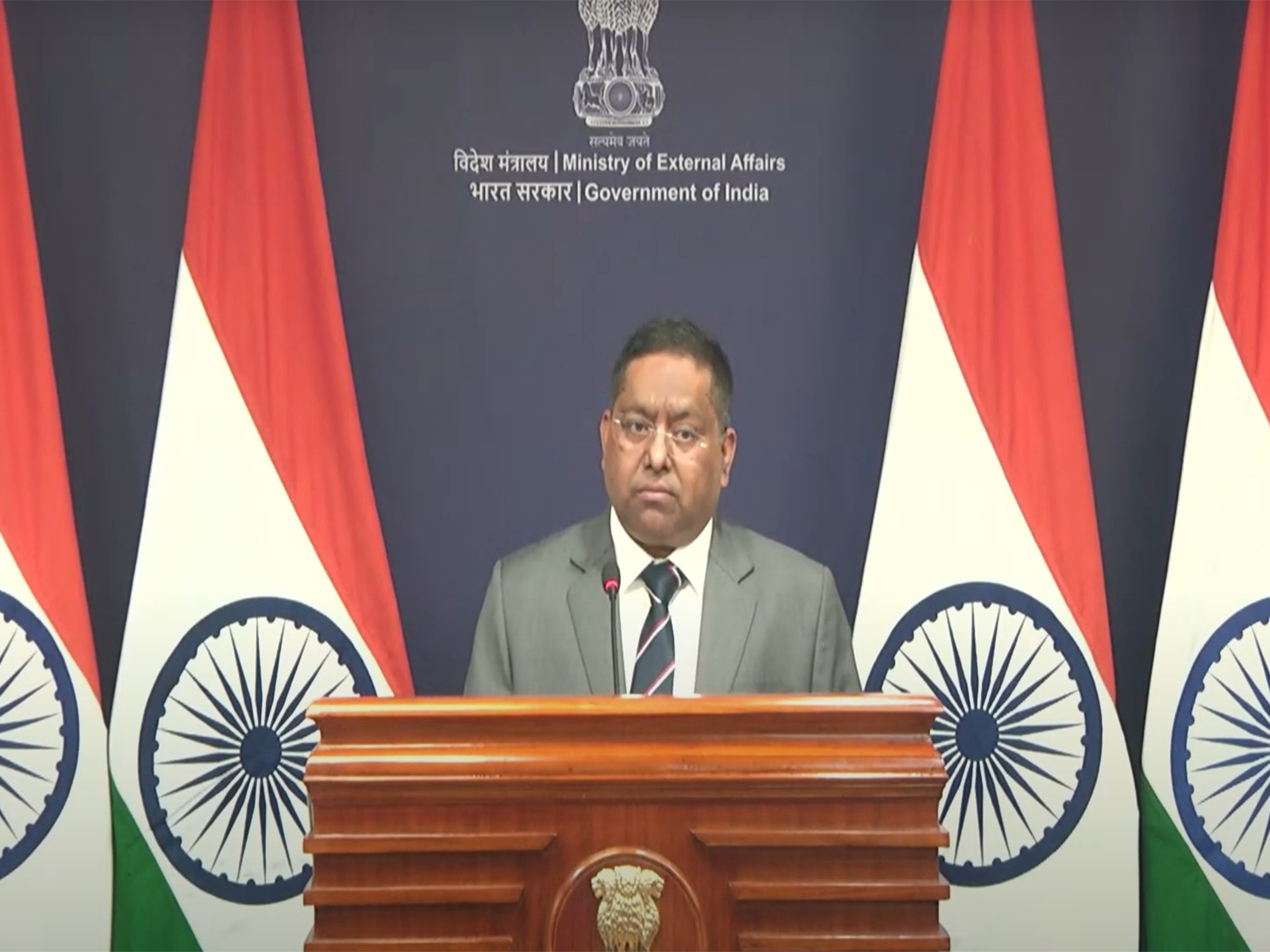 MEA Spokesperson Randhir Jaiswal addresses the weekly media briefing in New Delhi (Photo/MEA YouTube)