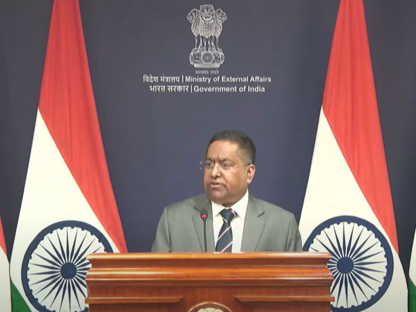MEA Spokesperson Randhir Jaiswal addresses the weekly press briefing in New Delhi (Photo/MEA YouTube)