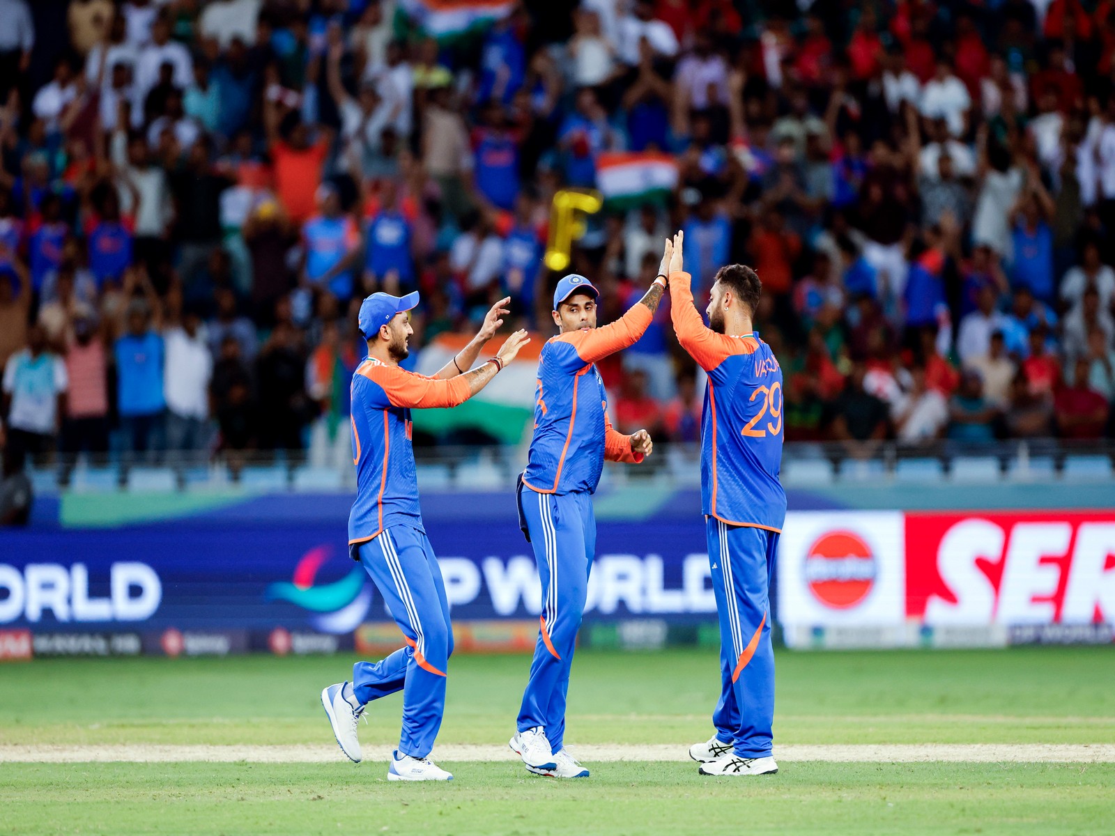 India T20I captain Suryakumar celebrating with players (Photo/ANI) 