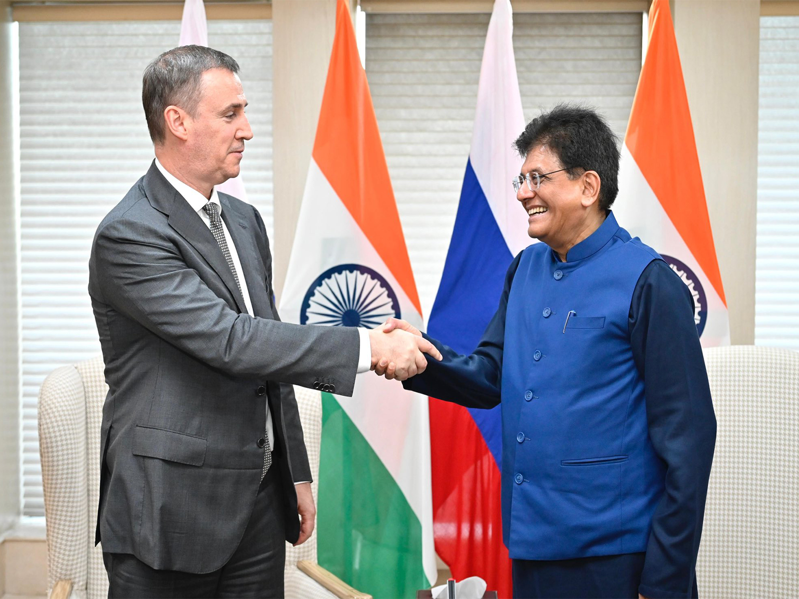 (L-R) Russian Deputy Prime Minister Dmitry Patrushev and Union Minister of Commerce and Industry Piyush Goyal (Photo/@PiyushGoyal)