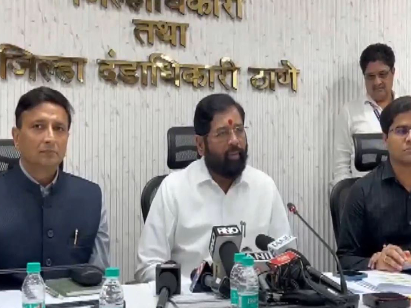Maharashtra Deputy Chief Minister Eknath Shinde addressing the media. (Photo/ANI)