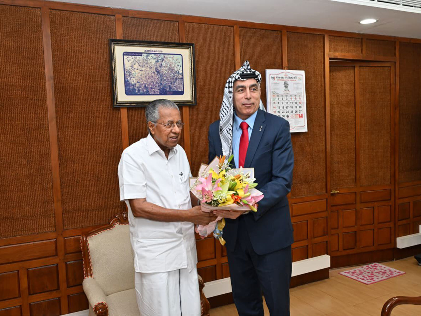 Kerala Chief Minister Pinarayi Vijayan with Palestine's Ambassador to India, Abdulla Abu Shawesh (Image: X@pinarayivijayan)