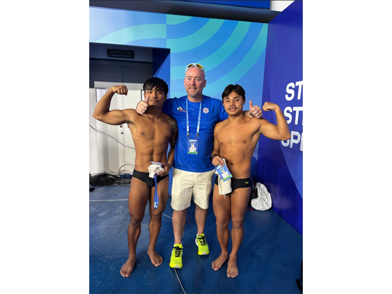 Sairam, Indian diving coach Shannon and Willson Sing Ningthoujam (L to R). (Photo: SFI)