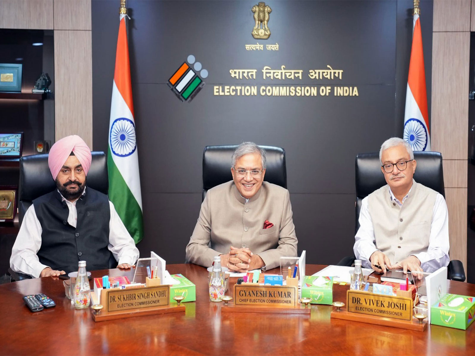 Chief Election Commissioner Gyanesh Kumar (middle), Election Commissioners Sukhbir Singh Sandhu and Vivek Joshi (File photo/ANI)