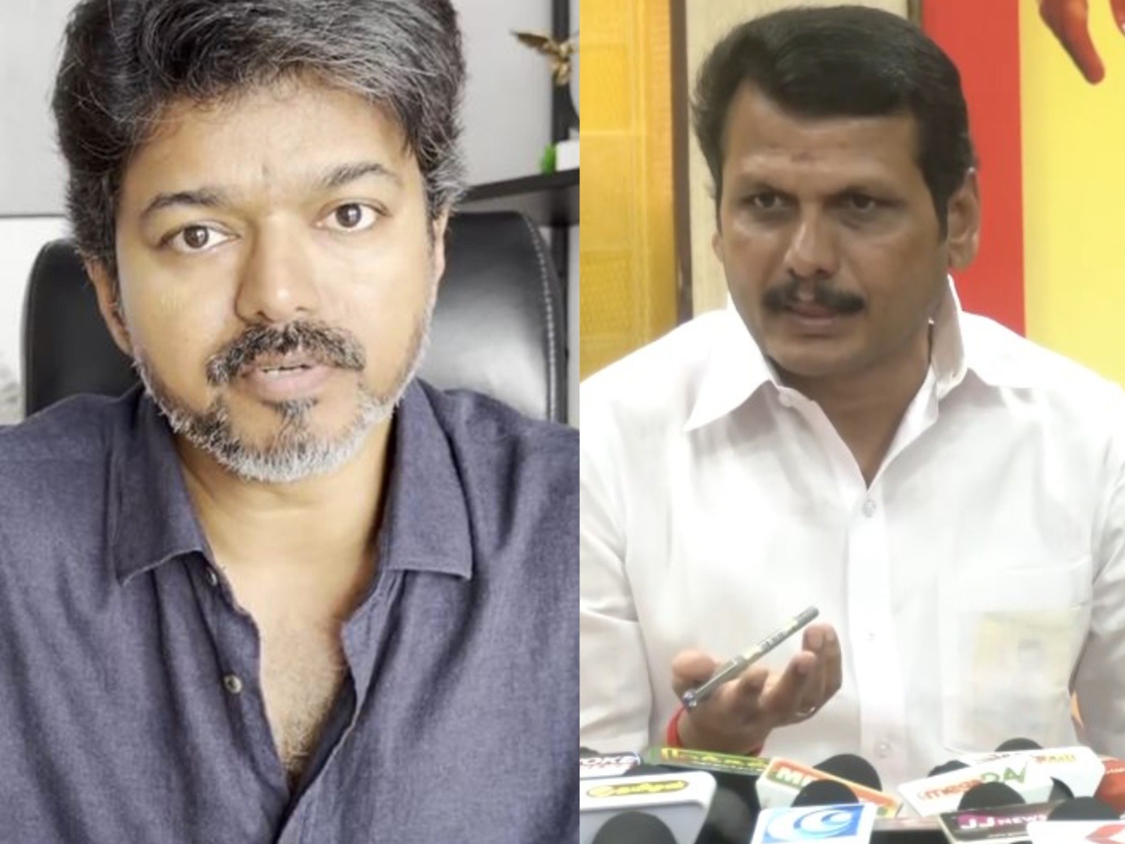TVK chief Vijay (left) and DMK MLA Senthilbalaji (Photo/ANI)