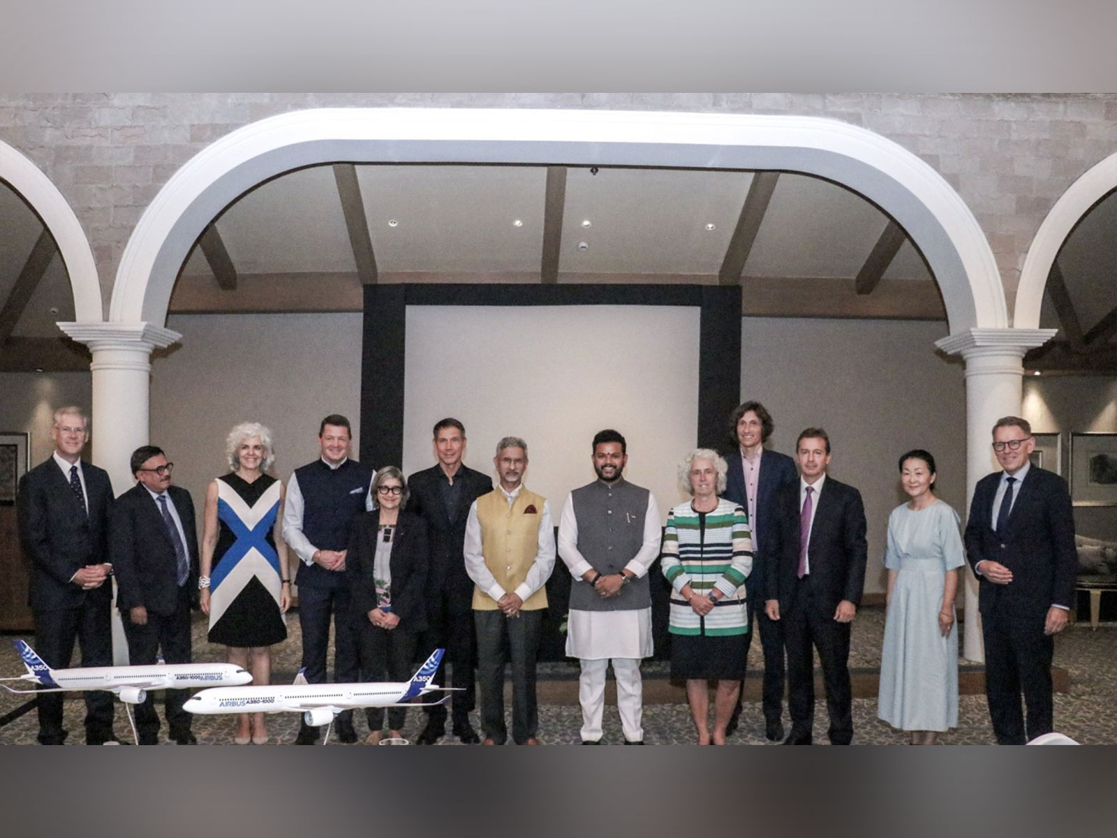 EAM Jaishankar, Civil Aviation Minister Ram Mohan Naidu Kinjarapu with Airbus and IndiGo leadership in New Delhi (Photo/X/@DrSJaishankar)