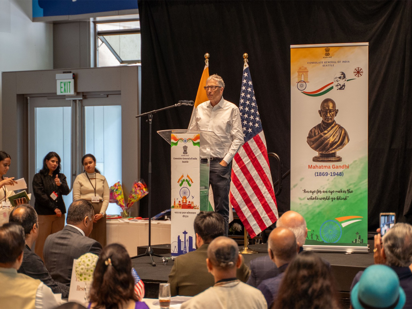 Bill Gates speaking at an event to mark Gandhi Jayanti (Photo:X/@IndiainSeattle)
