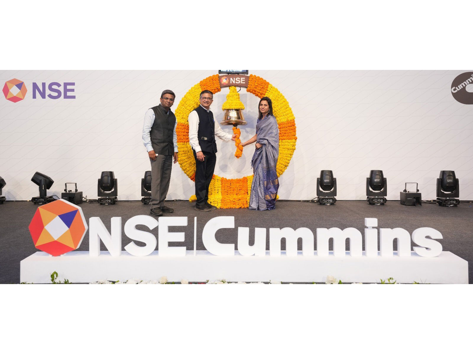L-R: Sriram Krishnan, CBDO, NSE; Ashishkumar Chauhan, MD & CEO, NSE; and Shveta Arya, MD, Cummins India Limited, at the Bell Ringing Ceremony Marking 30 Years of the Company's NSE Listing