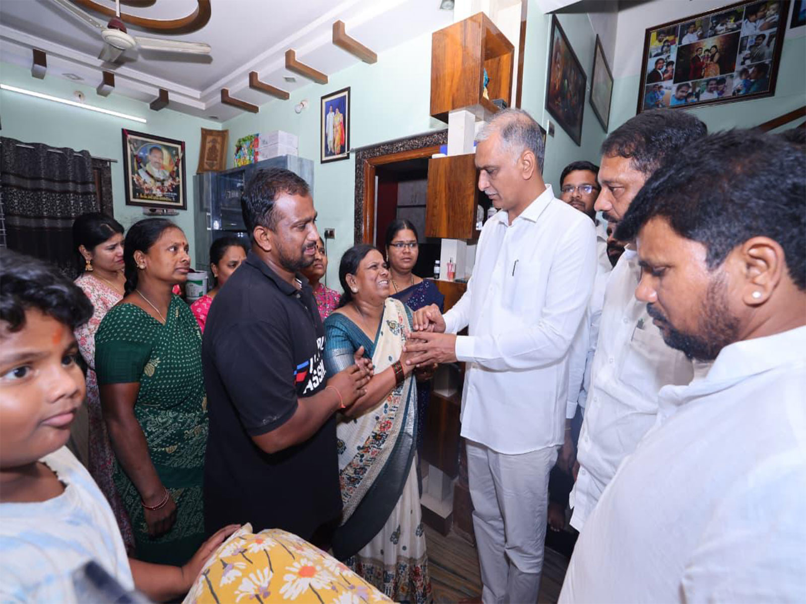 BRS MLA Harish Rao consoles family of Telangana student Chandrasekhar Pole, who was shot dead in Dallas, US. (Photo: X/@BRSHarish)