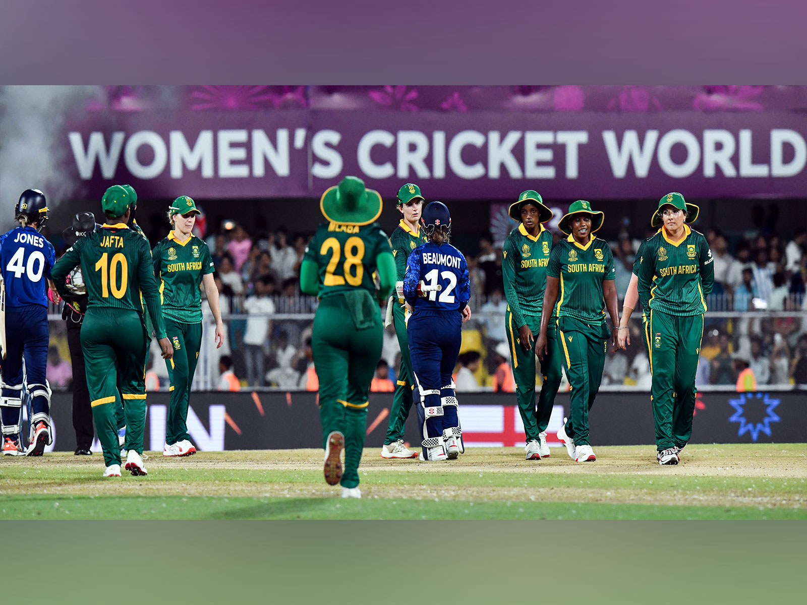 England Women's Amy Jones and Tammy Beaumont exchange a handshake with South Africa Women's players (Photo: ANI)