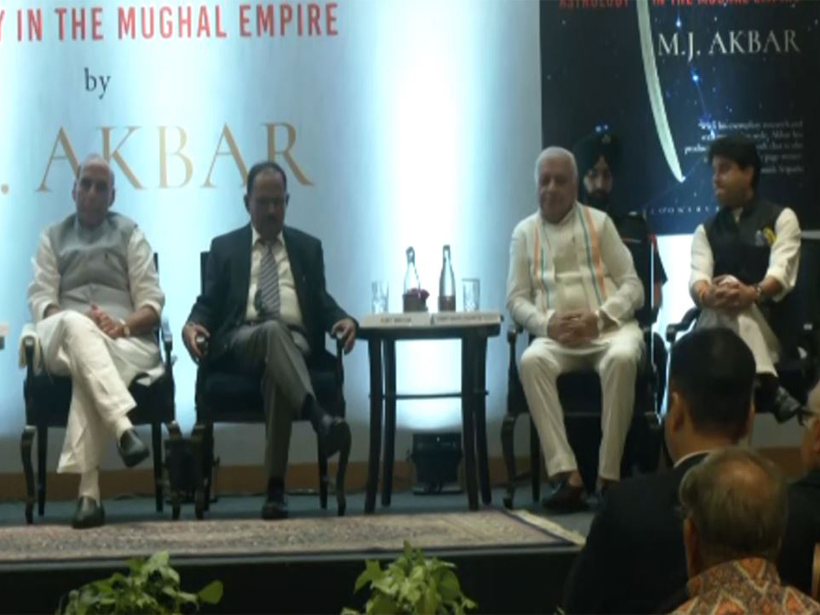 Union Defence Minister Rajnath Singh, NSA Ajit Doval, Union Minister Jyotiraditya M. Scindia, and Bihar Governor Arif Mohammad Khan at the launch of M.J. Akbar's book "After Me, Chaos: Astrology in the Mughal Empire" (Photo/ANI)