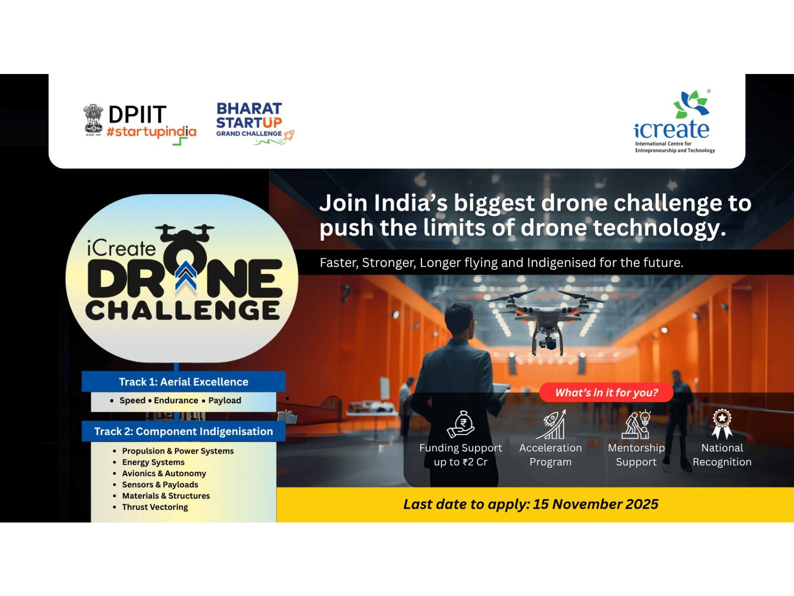 India's most ambitious platform for breakthroughs in drone performance (velocity, endurance, payload) and critical component indigenization