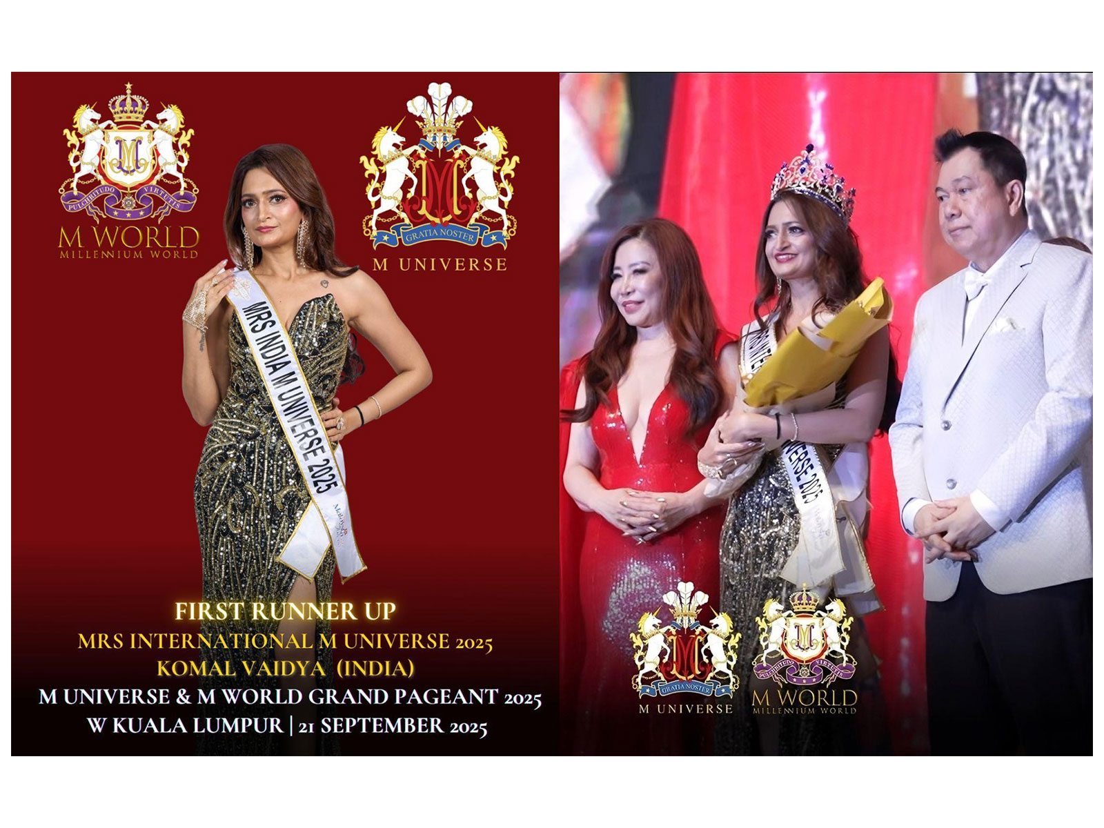 India's Komal Vaidya Wins Mrs MUniverse 2025 Runner-Up & Ambassador Titles in Malaysia