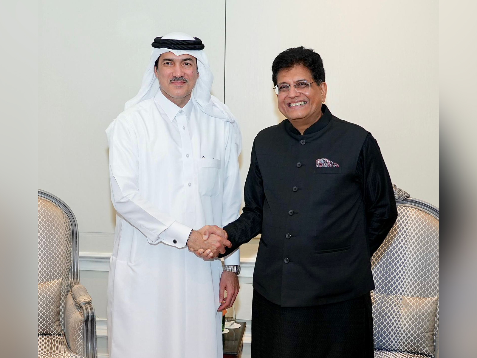 Union Minister of Commerce and Industry, Piyush Goyal with Qatar's Minister of State for Foreign Trade Affairs, Ahmed bin Mohammed Al-Sayed (Image: X@PiyushGoyal)