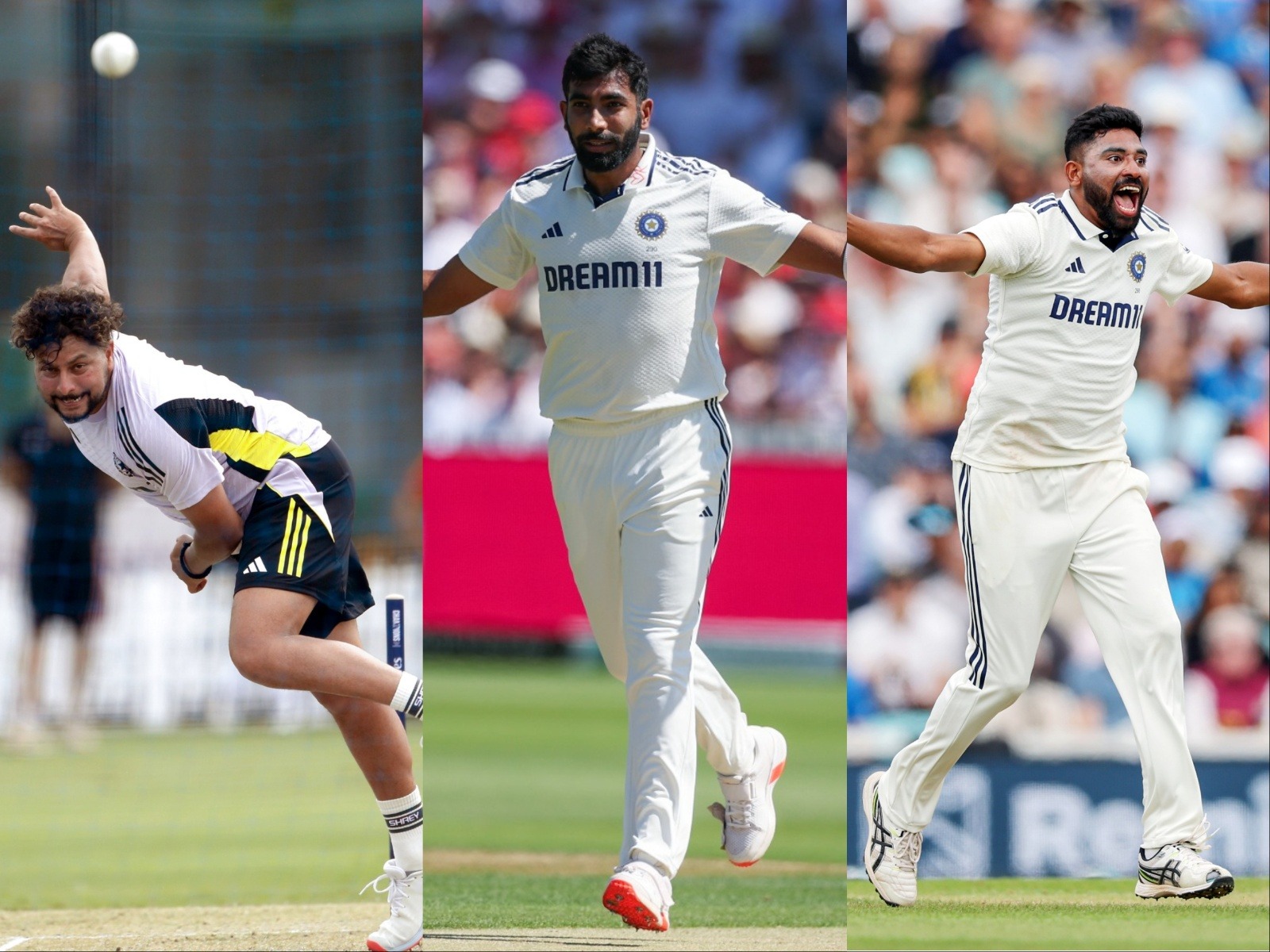 Indian bowlers Kuldeep Yadav (L), Jasprit Bumrah (M) and Mohammed Siraj (R). (Photo: ANI)