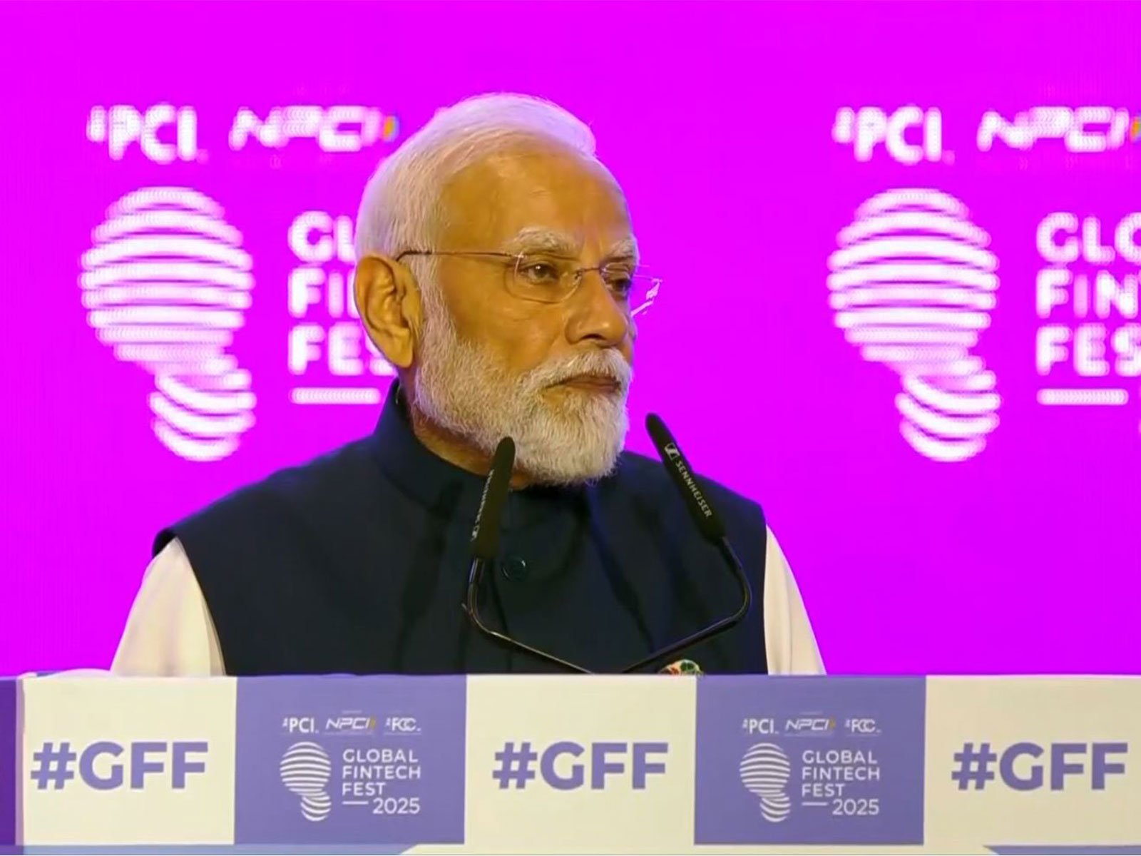 Prime Minister Narendra Modi addresses the Global Fintech Fest in Mumbai, highlighting India's UPI, Aadhaar, Bharat QR, and DigiLocker as the backbone of the nation's digital economy. (Photo/ANI)